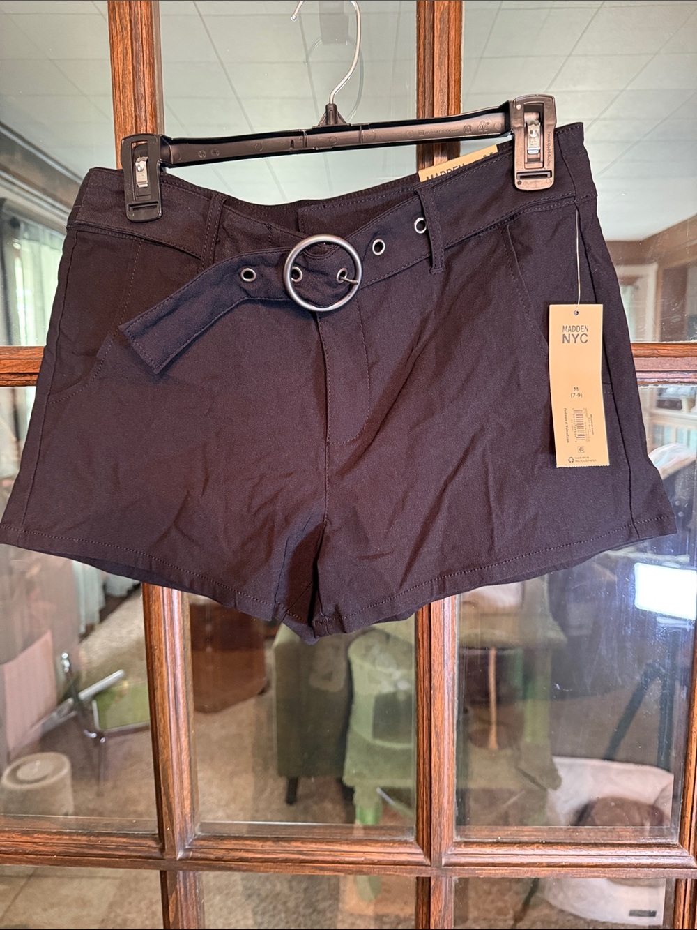 Madden NYC Black Millennium High-Rise Belted Shorts O-Ring‎ Size M 7-9 NEW